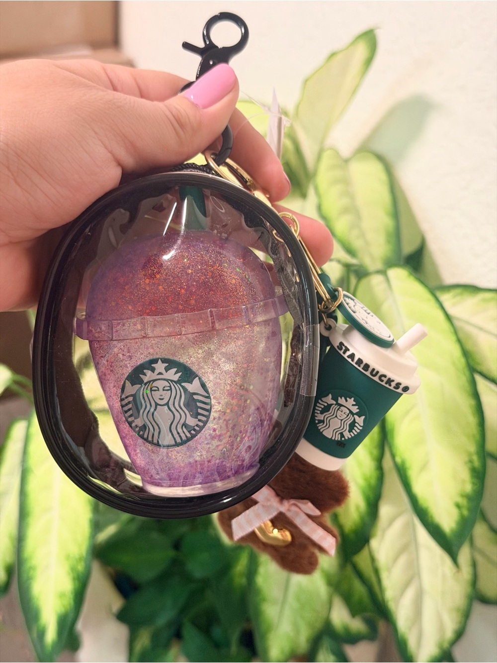 Starbucks Purple Glitter Mini Cup Keychain with Green Logo Charm